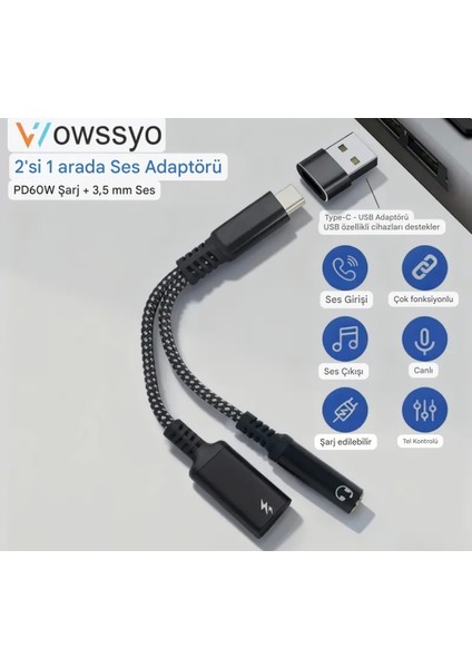 2'si 1 Arada Type-C To 3.5mm+60W Hızlı Şarj ve Kulaklık Çevirici+Usb Dönüştürücü Hi-fi Ses Ce Lisanslı Sertifikalı Hasır Örgülü Sağlam Kablo fırsatları