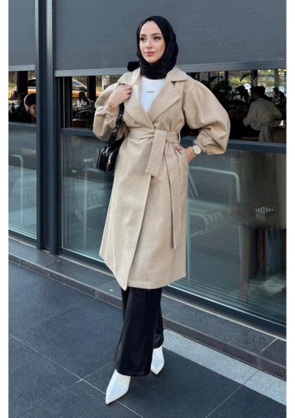 Kolu Büzgülü Düğmesiz Astarsız Tesettür Kaban- Bej