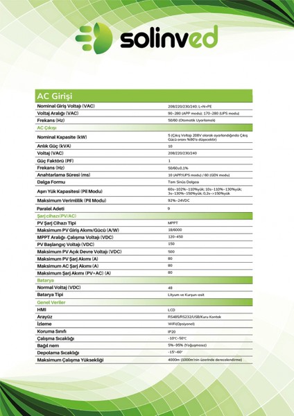 5.0 Kw Mppt Off-Grıd Inverter 5000W, 48V/ 120-450VDC, SLV-5000-48 modelleri
