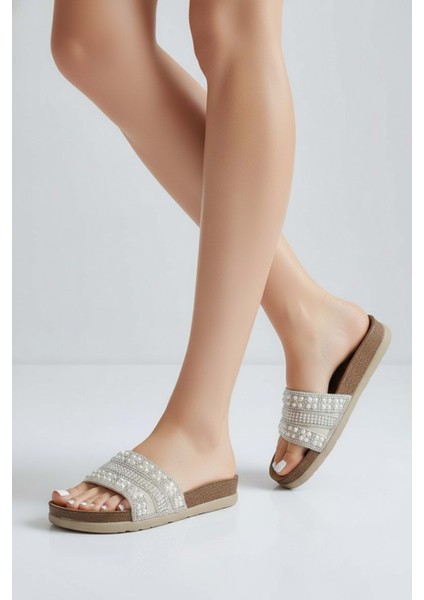2232-PIEN Anatomik Mantar Tabanlı Boncuklu Kadın Terlik - NKT02232-SEDEF-40