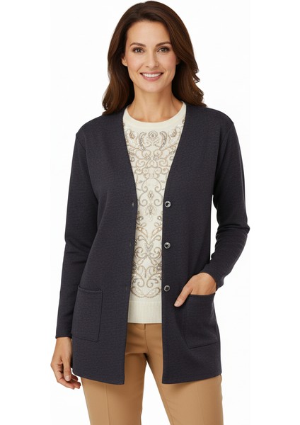 Kadın Kışlık Anne Hırka Ecrin Örme Önü Düğmeli Çift Cepli V Yaka Uzun Kol Klasik Model