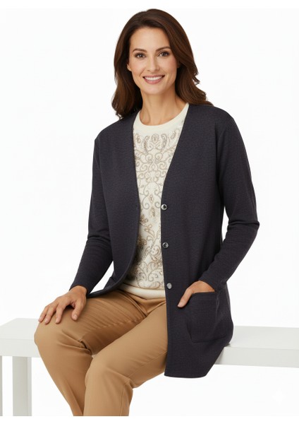 Kadın Kışlık Anne Hırka Ecrin Örme Önü Düğmeli Çift Cepli V Yaka Uzun Kol Klasik Model fiyatları