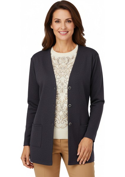 Kadın Kışlık Anne Hırka Ecrin Örme Önü Düğmeli Çift Cepli V Yaka Uzun Kol Klasik Model modelleri