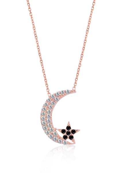 Zirkon Taşlı Pırlanra Montür Rose Altın Kaplama Ay Yıldız Kolye