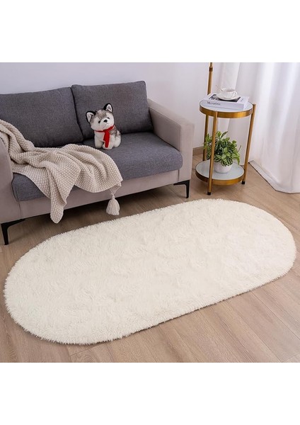 Krem Oval Post Peluş Halı – Ultra Yumuşak, Kaymaz Dot Taban, Antibakteriyel – Makinada Yıkanabilir Yolluk Halısı