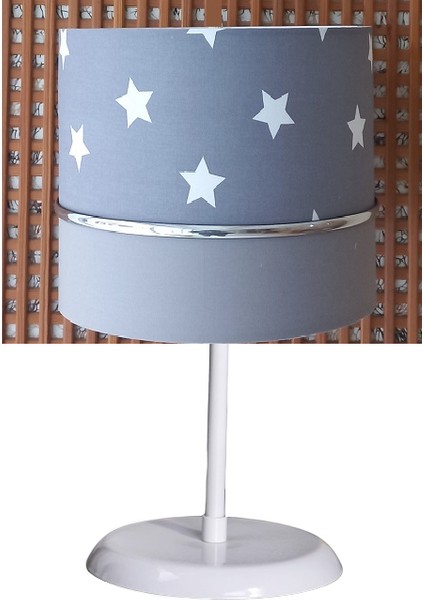 Gri Yıldızlı Gri M-443 Kumaş Kaplama Çocuk Odası ve Bebek Odası Abajur Masa Lambası Aydınlatma