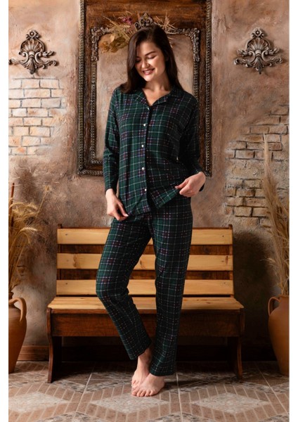 Kadın Yeşil Kareli Gömlek Süet Pijama Takımı