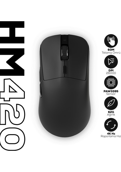 HM420 4K Hz 26000 Dpı Tri-Mode Kablosuz/bluetooth Şarj Standlı Siyah Gaming Mouse
