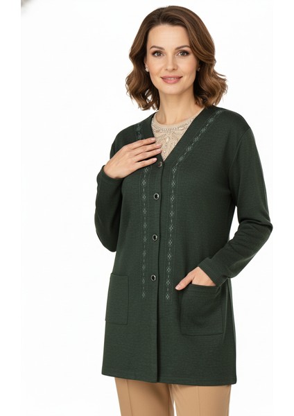 Kadın Kışlık Anne Hırka Modern Çiçek Nakışlı Ecrin Örme Önü Düğmeli Çift Cepli Likralı