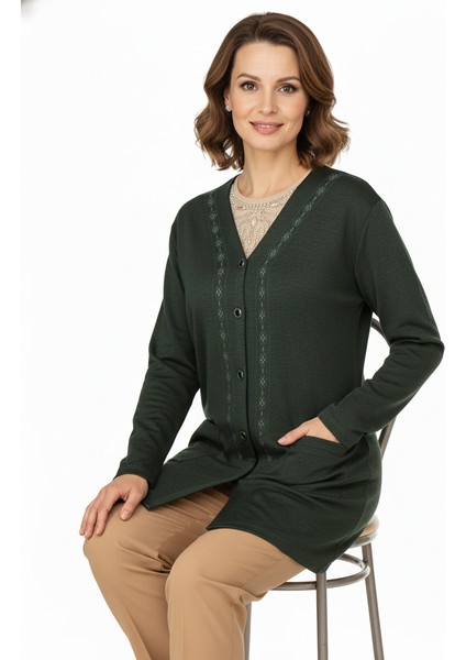 Kadın Kışlık Anne Hırka Modern Çiçek Nakışlı Ecrin Örme Önü Düğmeli Çift Cepli Likralı fiyatları