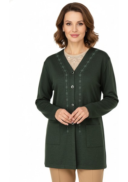 Kadın Kışlık Anne Hırka Modern Çiçek Nakışlı Ecrin Örme Önü Düğmeli Çift Cepli Likralı modelleri