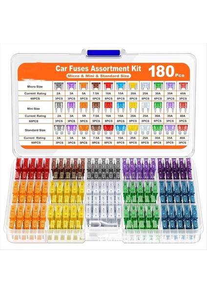 1 Takım 180 Adet Araba Sigortaları Çeşitli Kiti,60 Mini Blade Araba Sigorta + 60 Standart Sigorta Otomotiv + 60 Mikro Tip Sigorta + Sigorta Çektirmesi (Yurt Dışından)