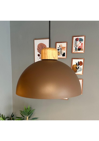 Yimpi Sütlü Kahve Geniş Ahşap Avize Tekli Sarkıt Salon Kuaför Dekoratif Aydınlatma Pastane