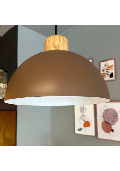 Yimpi Sütlü Kahve Geniş Ahşap Avize Tekli Sarkıt Salon Kuaför Dekoratif Aydınlatma Pastane