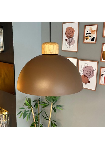 Yimpi Sütlü Kahve Geniş Ahşap Avize Tekli Sarkıt Salon Kuaför Dekoratif Aydınlatma Pastane