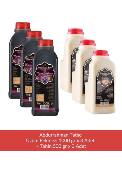 Üzüm Pekmezi 1000 gr x 3 Adet + Abdurrahman Tatlıcı Tahin 500 gr x 3 Adet