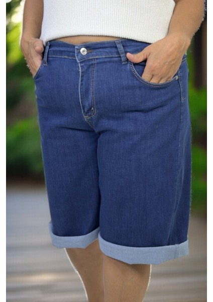 Beli Lastikli Cepli Büyük Beden Jean Kot Kapri Şort Bermuda