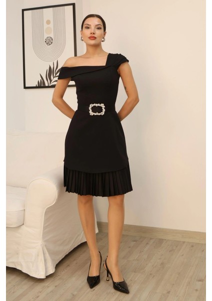 Tek Omuzlu Eteği Piliseli Kemerli Midi Elbise 2373-SIYAH modelleri