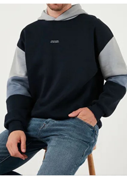 Erkek Pamuklu Regular Fit Kapüşonlu Içi Tüylü Yumuşak Şardonlu Kolu Parçalı 3 Iplik Sweat