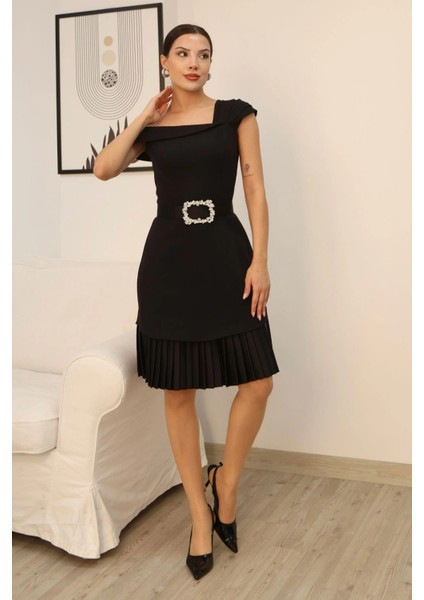 Tek Omuzlu Eteği Piliseli Kemerli Midi Elbise 2373-SIYAH indirimleri