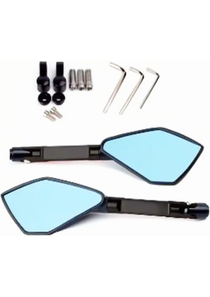 Motosiklet Metal Çerçeveli Mavi Camlı Ayna Seti – Rüzgar Geçirmez Geniş Görüşlü Yan Aynalar (1 Çift)