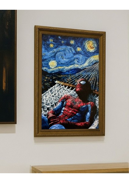 Spiderman Temalı Gece Manzarası Sanatsal Duvar Tablosu