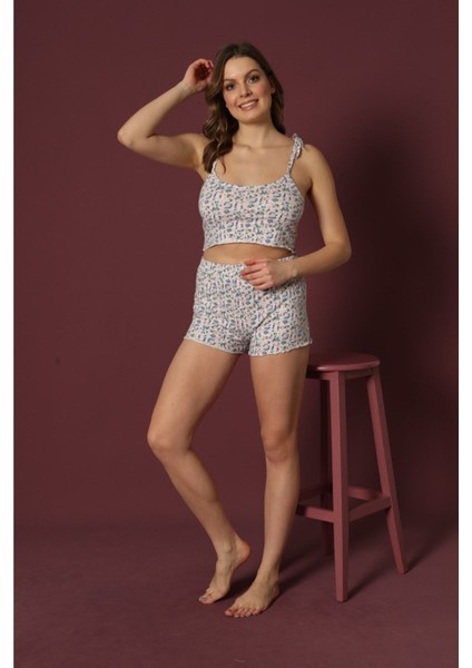 Sude Kadın Ip Askılı Fırfırlı Şort Desenli Mavi Pijama Takımı fiyatları