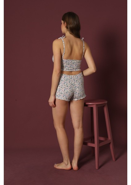 Sude Kadın Ip Askılı Fırfırlı Şort Desenli Mavi Pijama Takımı modelleri