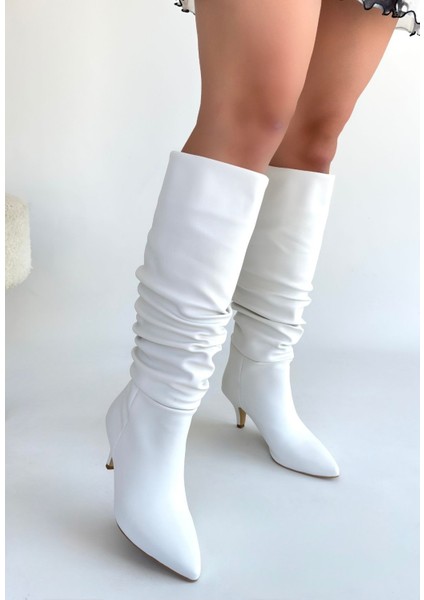 Zelya Beyaz Cilt Topuklu Çizme modelleri
