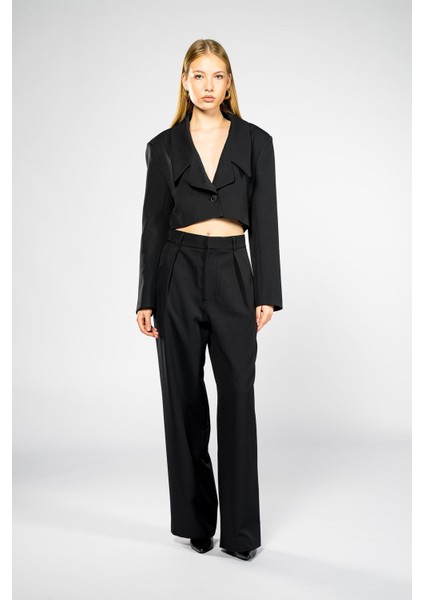 Kadın Siyah Geniş Yaka Crop Blazer