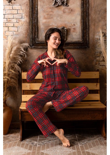 Kadın Kırmızı Kareli Gömlek Süet Pijama Takımı