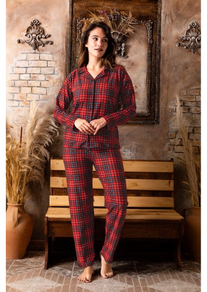 Kadın Kırmızı Kareli Gömlek Süet Pijama Takımı fiyatları