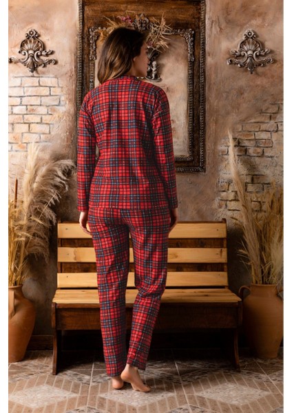 Kadın Kırmızı Kareli Gömlek Süet Pijama Takımı modelleri