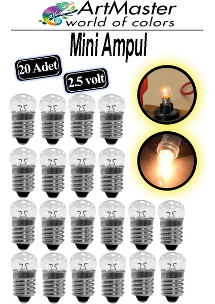Mini Ampul 2.5 Volt 20 Adet Okul Sınıf Elektrik Devre Küçük Elektrik Deney Ampulü 2.5 Volt Deney Ampulü Küçük Boy