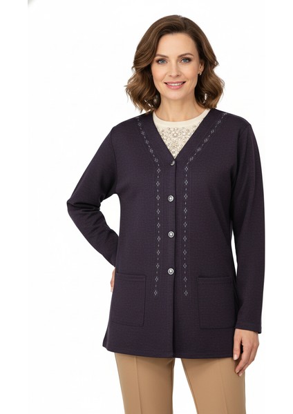 Kadın Kışlık Anne Hırka Modern Çiçek Nakışlı Ecrin Örme Önü Düğmeli Çift Cepli Likralı