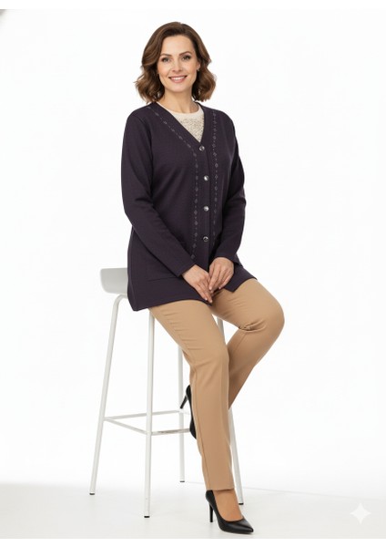 Kadın Kışlık Anne Hırka Modern Çiçek Nakışlı Ecrin Örme Önü Düğmeli Çift Cepli Likralı fiyatları