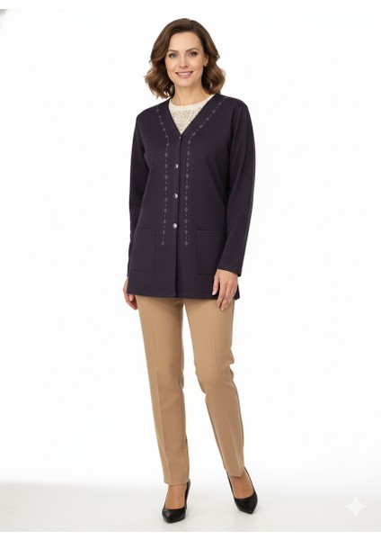 Kadın Kışlık Anne Hırka Modern Çiçek Nakışlı Ecrin Örme Önü Düğmeli Çift Cepli Likralı modelleri