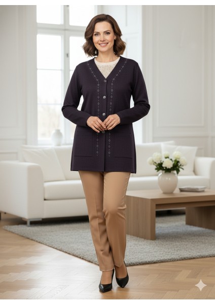 Kadın Kışlık Anne Hırka Modern Çiçek Nakışlı Ecrin Örme Önü Düğmeli Çift Cepli Likralı fırsatları