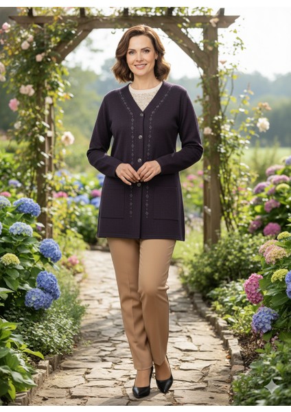 Kadın Kışlık Anne Hırka Modern Çiçek Nakışlı Ecrin Örme Önü Düğmeli Çift Cepli Likralı indirimleri