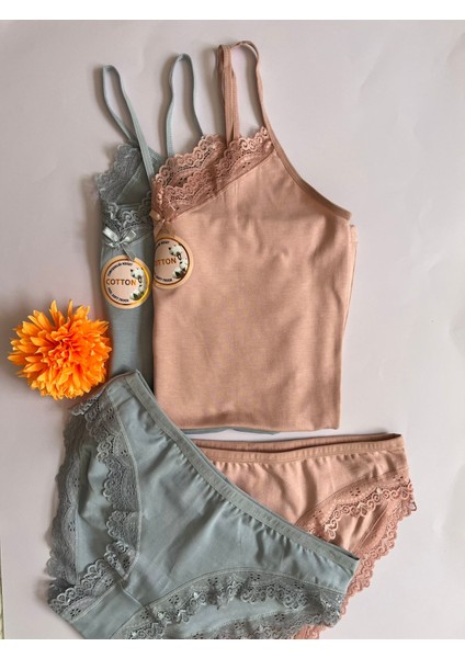 Kadın Atlet-Külot Alt Üst Takım Ip Askılı 2 Adet Pudra-Gri Renk Dantelli Pamuklu Atlet-Külot(Kota)