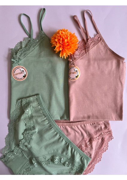 Kadın Atlet-Külot Alt Üst Takım Ip Askılı 2 Adet Pudra-Gri Renk Dantelli Pamuklu Atlet-Külot(Kota) fiyatları