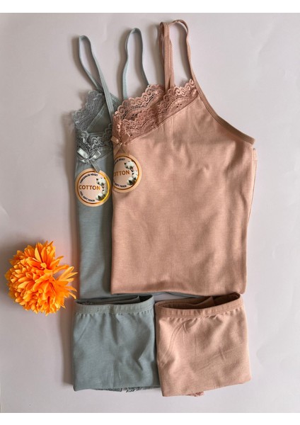 Kadın Atlet-Külot Alt Üst Takım Ip Askılı 2 Adet Pudra-Gri Renk Dantelli Pamuklu Atlet-Külot(Kota) modelleri