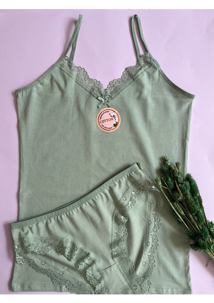 Kadın Atlet-Külot Alt Üst Takım Ip Askılı 2 Adet Pudra-Gri Renk Dantelli Pamuklu Atlet-Külot(Kota) fırsatları