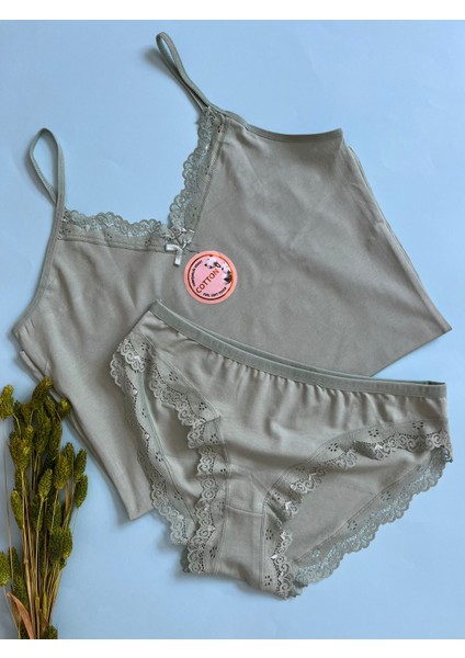 Kadın Atlet-Külot Alt Üst Takım Ip Askılı 2 Adet Pudra-Gri Renk Dantelli Pamuklu Atlet-Külot(Kota) indirimleri