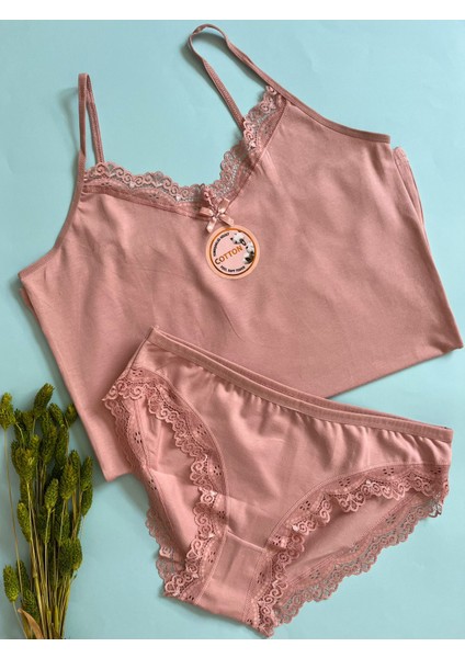 Kadın Atlet-Külot Alt Üst Takım Ip Askılı 2 Adet Pudra-Gri Renk Dantelli Pamuklu Atlet-Külot(Kota)