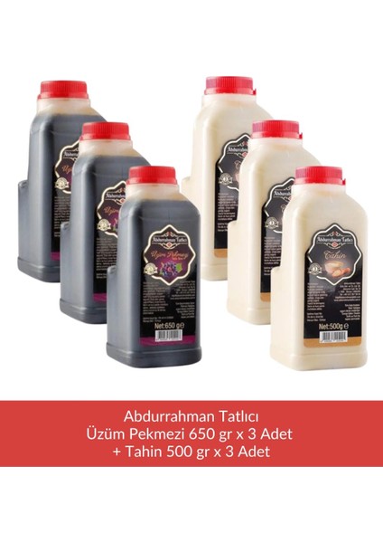 Üzüm Pekmezi 650 gr x 3 Adet + Abdurrahman Tatlıcı Tahin 500 gr x 3 Adet