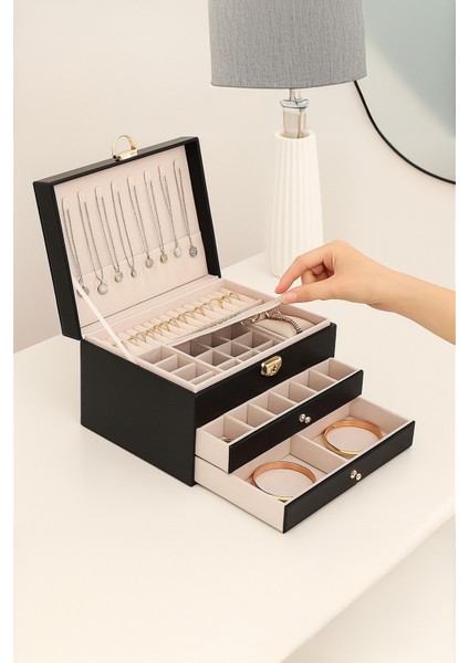 Modern 2 Çekmeceli Takı Mücevher Kutusu Organizer Düzenleyici Siyah 13 X 23 X 10 Cm