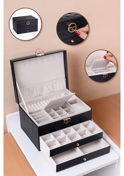 Modern 2 Çekmeceli Takı Mücevher Kutusu Organizer Düzenleyici Siyah 13 X 23 X 10 Cm fiyatları