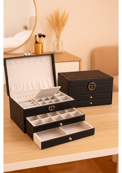 Modern 2 Çekmeceli Takı Mücevher Kutusu Organizer Düzenleyici Siyah 13 X 23 X 10 Cm fırsatları