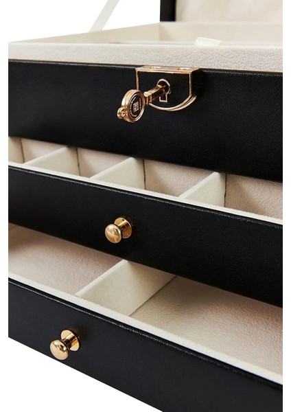 Modern 2 Çekmeceli Takı Mücevher Kutusu Organizer Düzenleyici Siyah 13 X 23 X 10 Cm